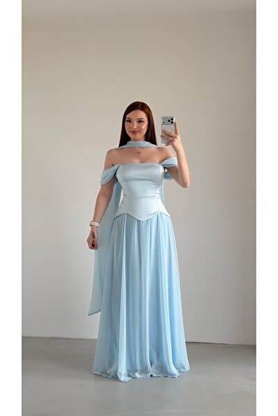ayşenur Dinçer butik Luvia Saten Korseli Fularlı Abiye Bebe Mavisi
