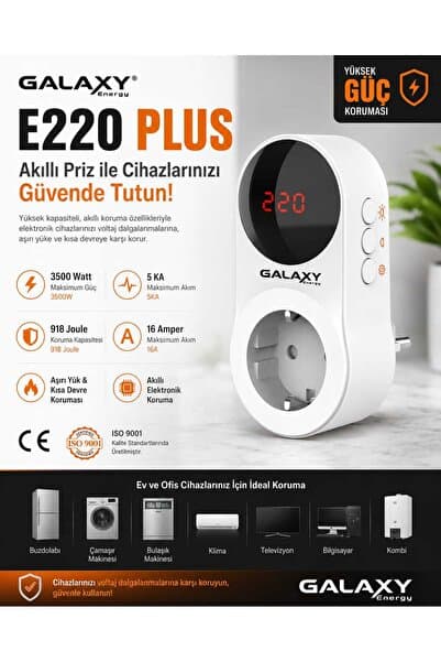 GALAXY Energy E220 Plus Akım Koruma Prizi 3500W 16A Dijital Ekranlı Akıllı Priz 918 Joule 5kA Korumalı