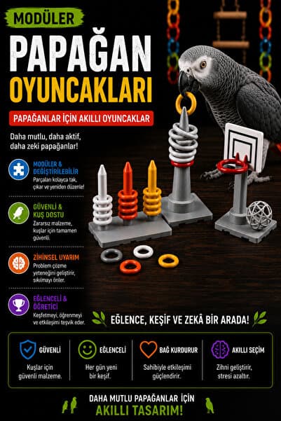 Genç 3D Papağan Eğitici Oyun Seti - Basketbol ve Halka Geçirme Oyunu - Kuşlar İçin Zeka Geliştirici ve Eğlenceli Kafes İçi Aktivite Oyuncağı