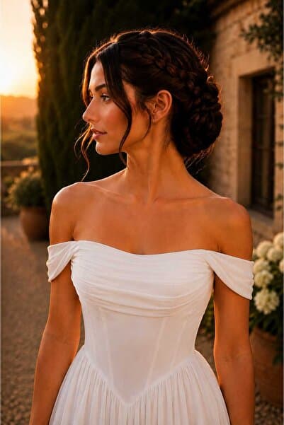 Elorya Bloom Liza Straplez Drape Detaylı Kırık Beyaz Şifon Nikah, Söz ve Dış Çekim Elbisesi