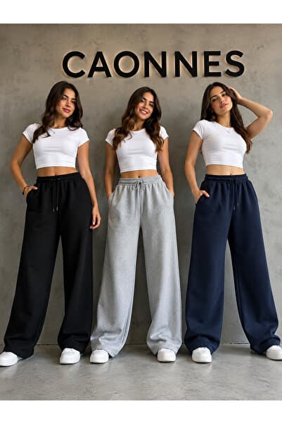 CAONNES 3'lü Kadın Mevsimlik Eşofman Altı (siyah-gri-lacivert) Basic Oversize Günlük Rahat Kesim