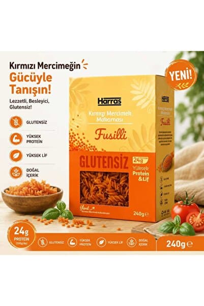 Harras Glutensiz Proteinli Kırmızı Mercimek Makarnası Fusilli 240g