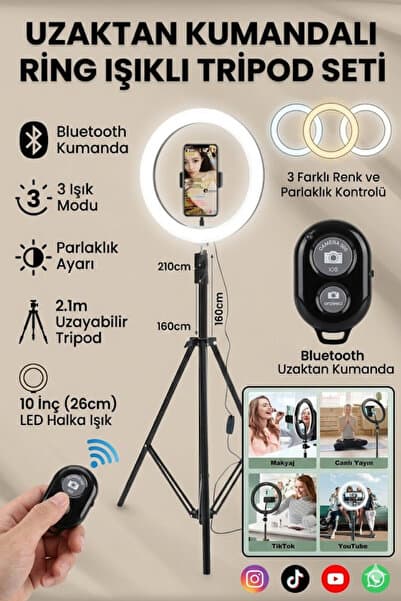 BSTBRANDSHOPPİNGTR Bluetooth KUMANDALI 10"inç Ring Light Youtuber Tiktok Çekim Işıklı Telefon Tutucu Influencer Makyaj Işığı 2.10 m Tripod