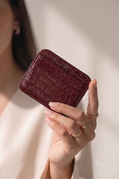 PurpleART Kadın Bordo Mini 5 Bölmeli Kroko Desenli Parlak Kartlık - Şık ve İddialı Kadın Cüzdan (10x8 cm)