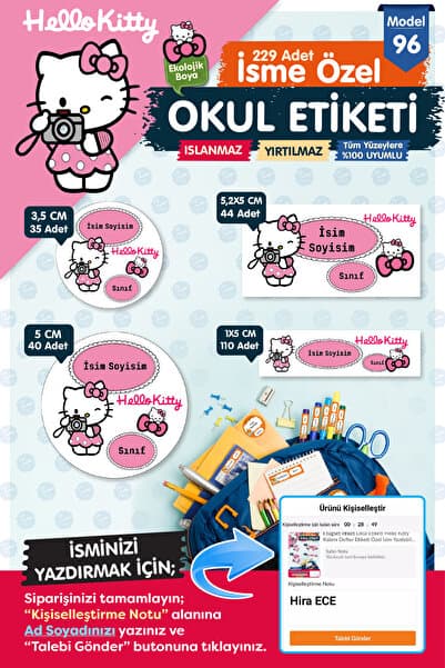 t tuğset etiket Okul Etiketi Hello Kitty Kalem Defter Etiketi Özel İsim Yazılabilen Etiket Seti - İsim Etiketi-T583