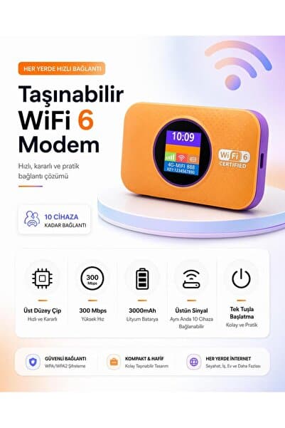 ATLT ATLANTİS TAŞINABİLİR MODEM MOBİL WİFİ-5G LTE 3.000MAH BATARYA 300Mbps TAŞINABİLİR ROUTER WİFİ 6 DESTEKLİ SIM KARTLI HOTSPOTÇOKLU KULLANICI DESTEĞİ
