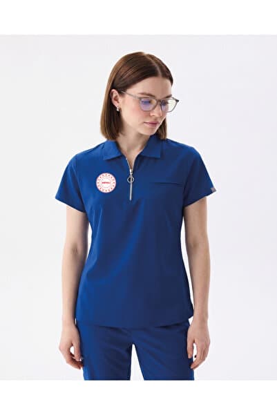 Class Üniforma Armalı Kadın Polo Saks Mavisi Temizlik Personeli Likralı Scrubs Takım (Yeni Yönetmeliğe Uygun - Dazzling Blue)