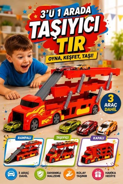 PAKİTO Kırmızı 3 Katlı 37 Araç Kapasiteli Mega Tır-Kamyon | Açılır-Kapanır Kasalı Rampalı Otopark 3 Arabalı