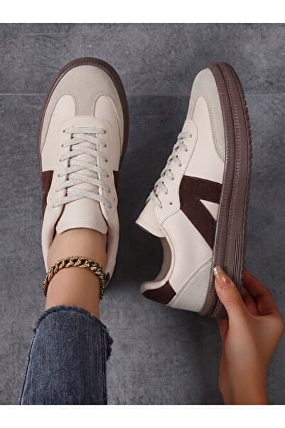 E SPORT Kadın Sneaker Yüksek Taban Ortopedik Bağcıklı Spor Ayakkabı Retro Bej-011