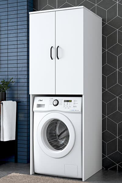 Rani KD119 Çamaşır Makinesi Dolabı 2 Kapaklı 2 Raflı Banyo Dolabı Beyaz