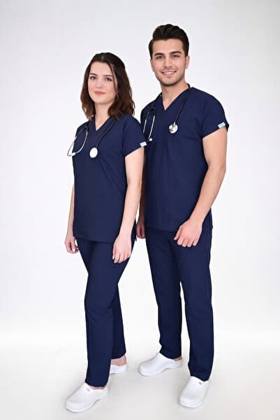 Nur Medikal Giyim Unisex Kadın Erkek Lacivert Renk Soft Likra Takım Hemşire Doktor Hastane Üniforma