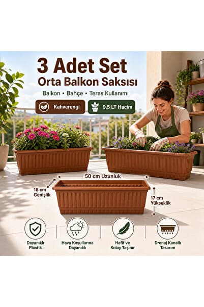 ZİVORA 3 Adet 50 cm Balkon Saksısı 9.5 L Kahverengi Orta Boy Uzun Dikdörtgen Saksı