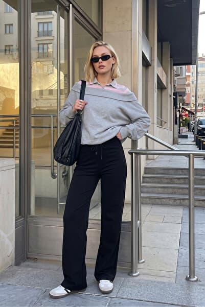 macharel jeans Kadın Ribana Lastikli Bol Paça Palazzo Siyah Eşofman Altı