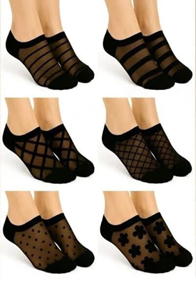 Meguca Socks 6 Çift Kadın Siyah Desenli Tül Patik Çorap Seti