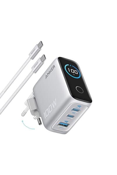 Anker 100W Şarj Cihazı, Kompakt, 3 Bağlantı Noktalı, GaN USB-C, Akıllı Ekran ve Dokunmatik Kontrol, Gümüş - B121B