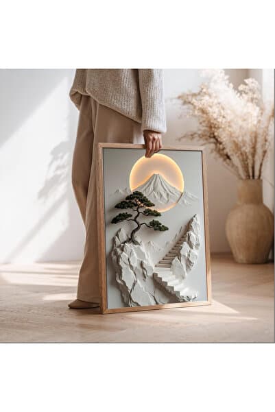 alphobitasarım Modern Kabartma Efektli (kabartma değildir) Fuji Dağı ve Bonsai Ağacı Temalı Ahşap Çerçeveli MDF Duvar Tablosu