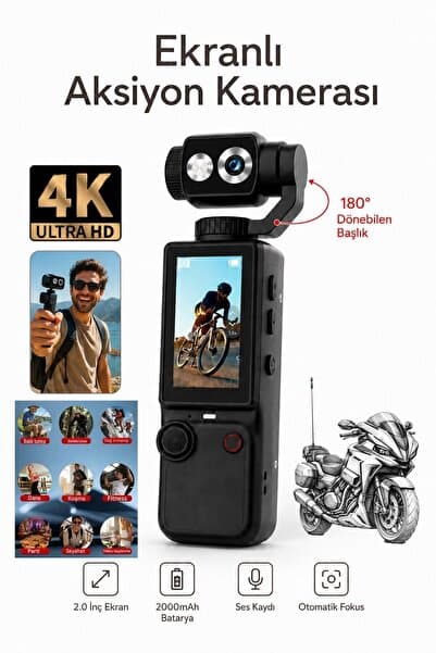 RUGGED 4K Ultra HD Mini Aksiyon Vlog Kamera 2.0 inç Ekranlı Mikrofon Destekli Oto Fokus Özellikli 180° Döner Başlıklı