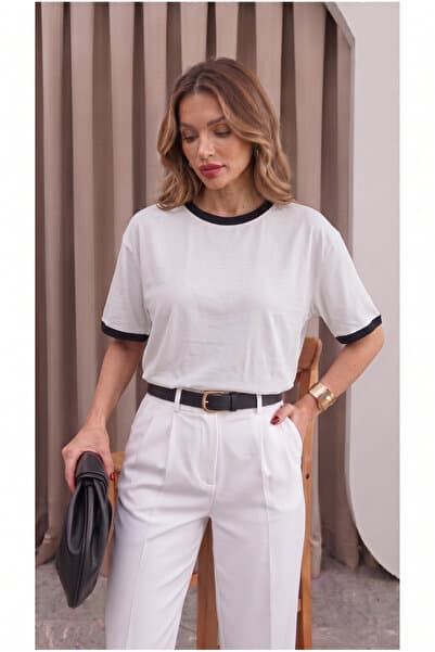 Teenage Millionaire Kadın Taş Siyah Biye Garnili Orta Kalın Soft Kumaş Bisiklet Yaka Yarım Oversize Salaş T-shirt