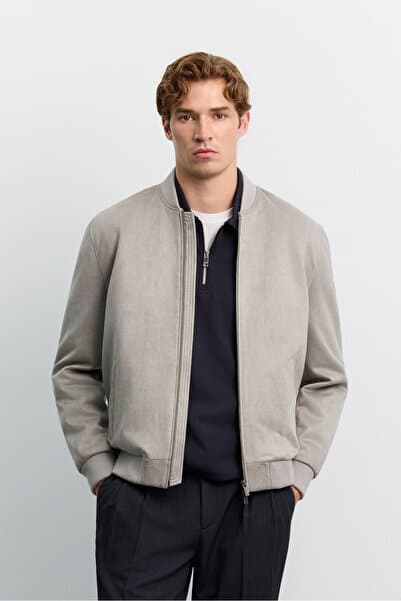 Avva Erkek Açık Gri Bomber Yaka Süet Dokulu Mevsimlik Comfort Fit Mont B006045