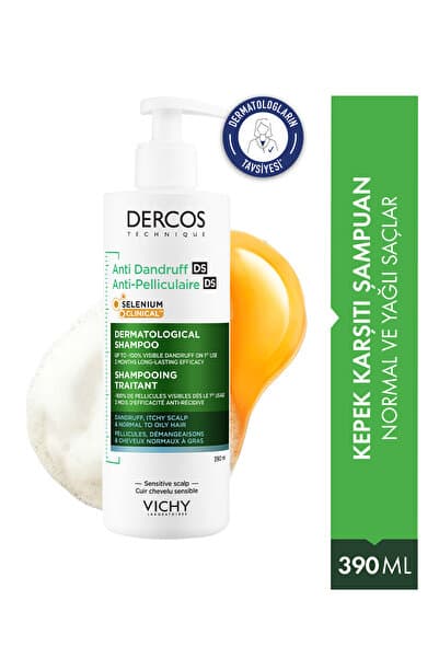Vichy Dercos Anti Dandruff Normal ve Yağlı Saçlar İçin Kepeklenmeye Karşı Etkili Bakım Şampuanı 390 ml