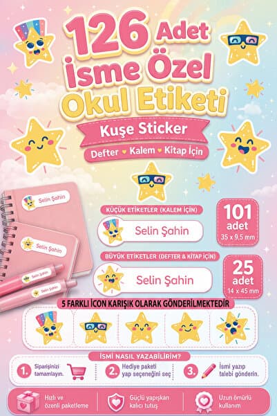 tifopix 126 Adet İsime Özel Okul Etiketi Seti Star Temalı Defter Kitap ve Kalem Etiketi