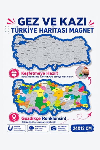 Tutunabilir Kağıt Kazınabilir Türkiye Haritası Magnet | Gez-Kazı Seyahat Haritası 24x12 cm