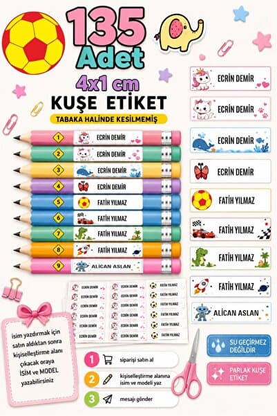 Hsn Kalem Etiketi Kişiye Özel Isim Yazılabilen Okul Etiket Seti 135 Adet Tabaka Şeklinde