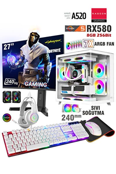 Zeiron Stinger X40 White Ryzen 5 5500 32GB RAM 512GB SSD RX580 8GB 27" 240Hz Sıvı Soğutma Oyuncu Masaüstü Bilgisayar