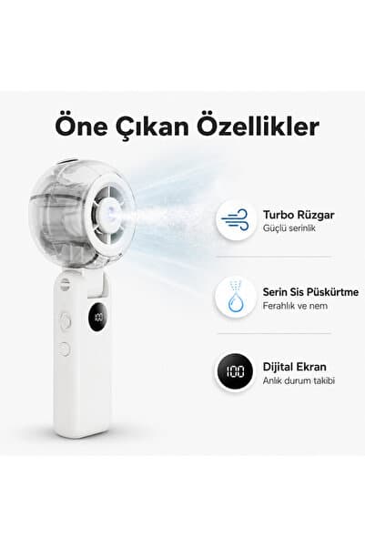 Mini More Turbo Sis El Tipi Vantilatör, 100 Kademeli 3000 mAh Dijital Ekranlı, Katlanabilir Şarjlı Mini Fan - ELF