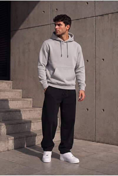 ASHEY 3 İP Gri Kanguru Cepli Kapüşonlu Sweatshirt – Erkek Kışlık Oversize Rahat Kalıp
