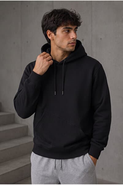 ASHEY 3 İP Siyah Kesik Cepli Kapüşonlu Sweatshirt – Erkek Kışlık Oversize Rahat Kalıp