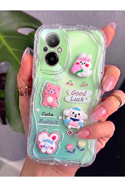 Rivor Realme 12 Lite Uyumlu Kılıf 3D Sevimli Tavşan ve Ayıcık Figürlü Kabartmalı Dalgalı Wavy Şeffaf Kapak
