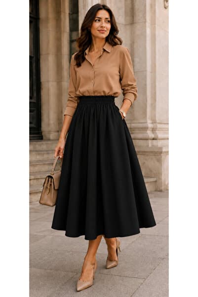 SELDAĞ MODA GABARDİN GİZLİ CEPLİ BELİ LASTİKLİ 90 CM BOY MİDİ KLOŞ ETEK