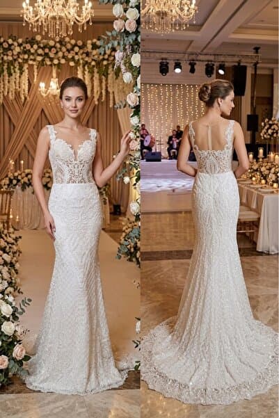 JABO WEDDİNG HOUSE GELİNLİK BALIK MODEL DANTEL VE TAŞ AĞARLIKLI GÖVDE TRANSPARAN GELİNLİK
