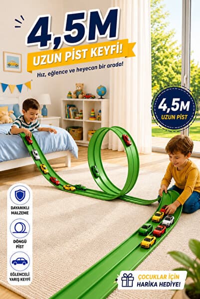 Bundeba Oyun Esnek Yarış Pisti Kıvrılabilen Aksiyon Pisti Go Track 4.5 Mt Flex Track Oyuncak Yeşil Green