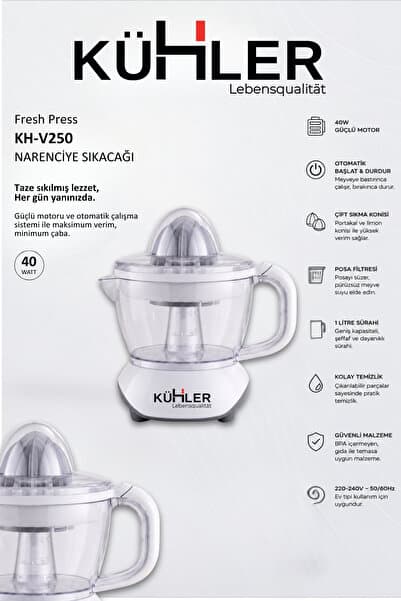 kühler Fresh Press Elektrikli Narenciye Sıkacağı 40W | 0,7 L Hazneli Portakal, Limon ve Greyfurt