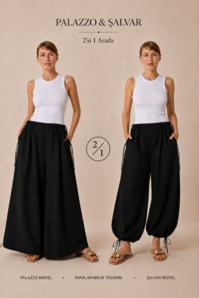 SLAVİ İSTANBUL Kadın Siyah Oversize Mikro Saten Palazzo Şalvar Pantolon Geniş Paça Ayarlanabilir Paça S-3XL Uyumlu