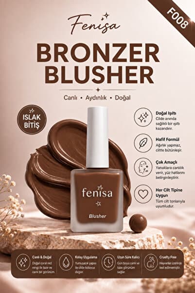 FENİSA Çikolata Renkli, Nemli ve Islak Bitişli, Doğal Görünümlü Likit Allık Bronzer Blusher (F008)