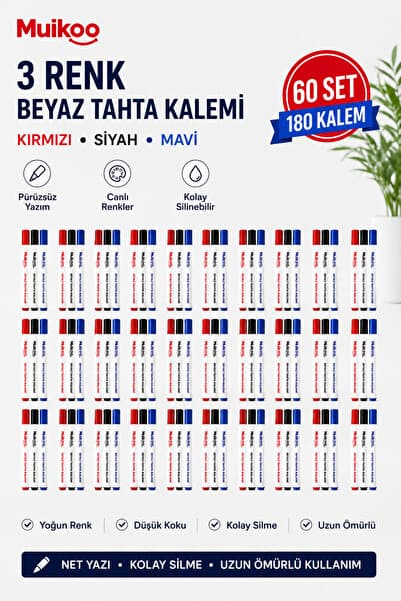 muikoo 60 Paket 3'lü Beyaz Tahta Kalemi Seti - Kırmızı, Mavi, Siyah
