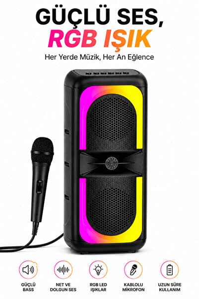 Omaze Bluetooth Hoparlör Karaoke Kablolu Mikrofonlu Taşınabilir RGB Işıklı Şarjlı TWS Stereo Ses Sistemi