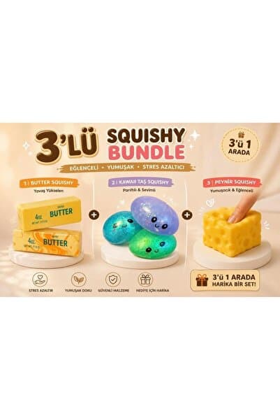 Pofika Butter Tereyağ Squishy + Büyük Simli Çin Mantısı + Cheese Peynir Squishy 3 Lü Fırsat Paketi