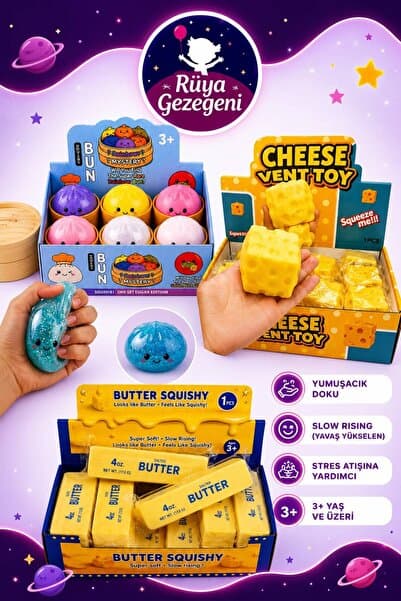 Rüya Gezegeni Squishy Dumling Gizemli renkli Sukuşi Çin Mantısı Büyük + Butter Tereyağı + Cheese Peynir Squishy 3'lü Set ( ORJINAL )