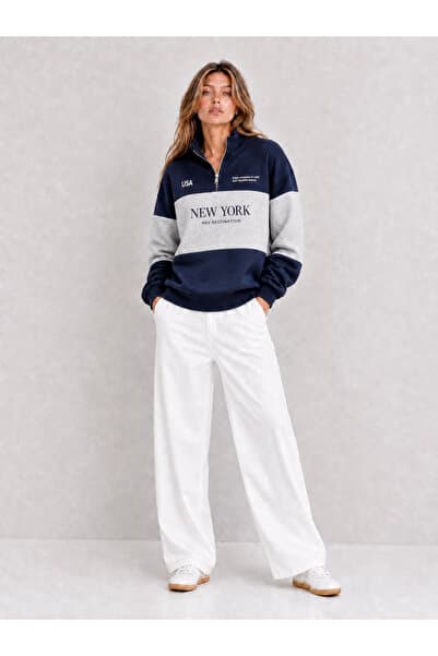 ESADE Kadın Lacivert New York Baskılı Bloklu Dik Yaka Yarım Fermuarlı Sweatshirt