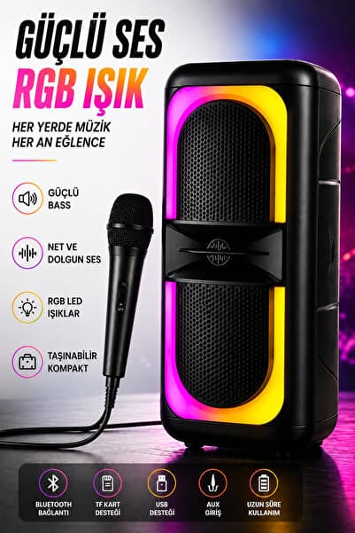 Omaze Bluetooth Hoparlör Speaker Karaoke Kablolu Mikrofonlu Taşınabilir RGB Işıklı Şarjlı TWS Stereo Güçlü Bas Ses Sistemi