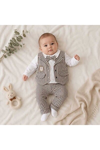 minilkabebe Erkek Bebek 1362 Çizgili Yelekli Üçlü Papyonlu Takım 0-3/3-6/6-9/9-12 Ay