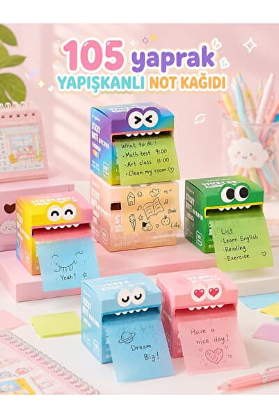 ÖZ OFİS 105 Yaprak Renkli Yapışkanlı Not Kağıdı Özel Kutulu Rainbow Not Canavarı Serisi 1 Kutu