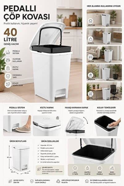 E-LİFE HOME Pedallı İç Kovalı Çöp Kovası 40 Litre BEYAZ
