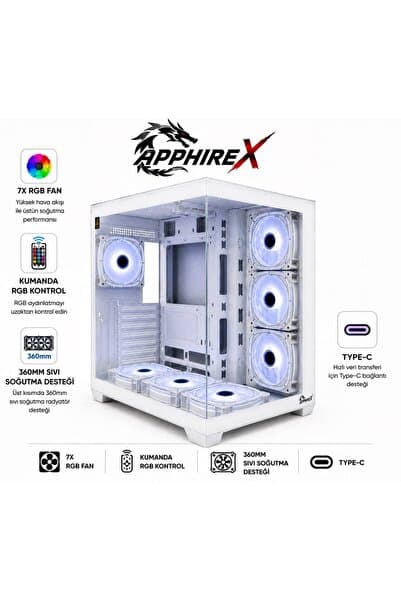 Apphirex PRO 7X Argb Fanlı Kumandalı USB 3.0 Type-C Masaüstü Beyaz Oyuncu Bilgisayar Kasası