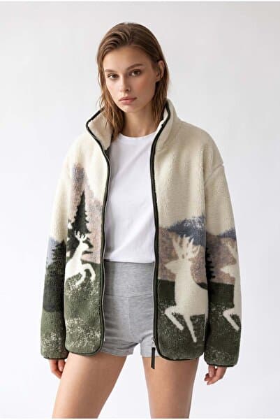 Mixray 4981 Kadın Geyik ve Orman Desenli Cepli Yumuşak Dokulu Polar Sweatshirt