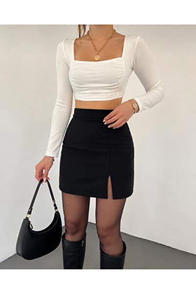 GRİLAND Kadın Sıyah Şık Trend Günlük ve özel Gün Kurtarıcı Parça Siyah Esnek Kumaş Yırtmaçlı Mini Etek